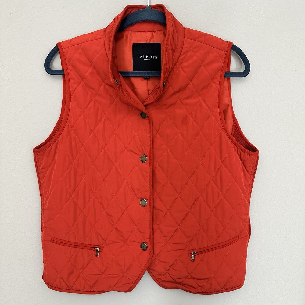 Talbots Orange Quilted Wool Vest Snap Front Equestrian Preppy Country Club LP